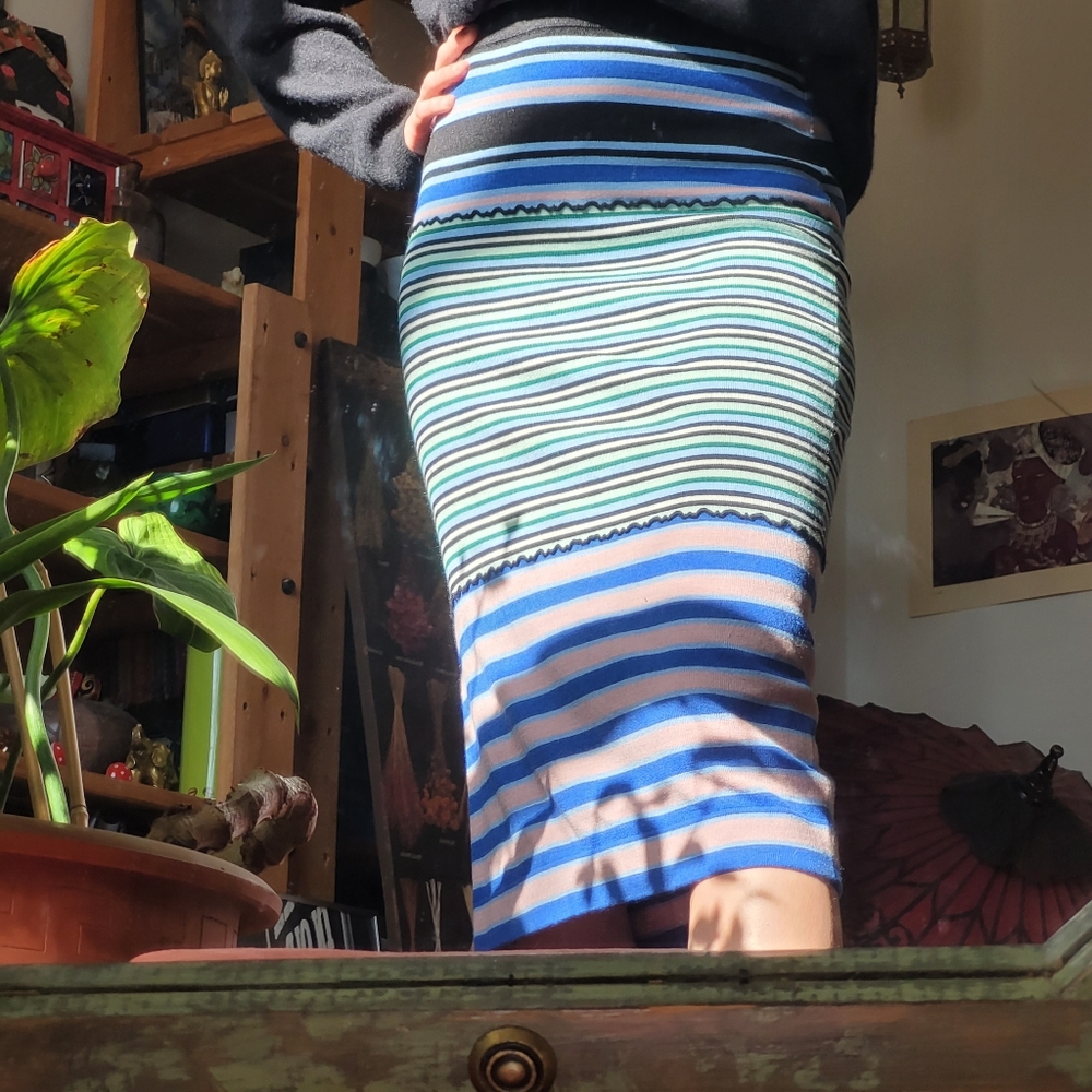 MARNI X Uniqlo Womens Blue Green Pink Stripe Stretch Knit Midi Skirt - Xs